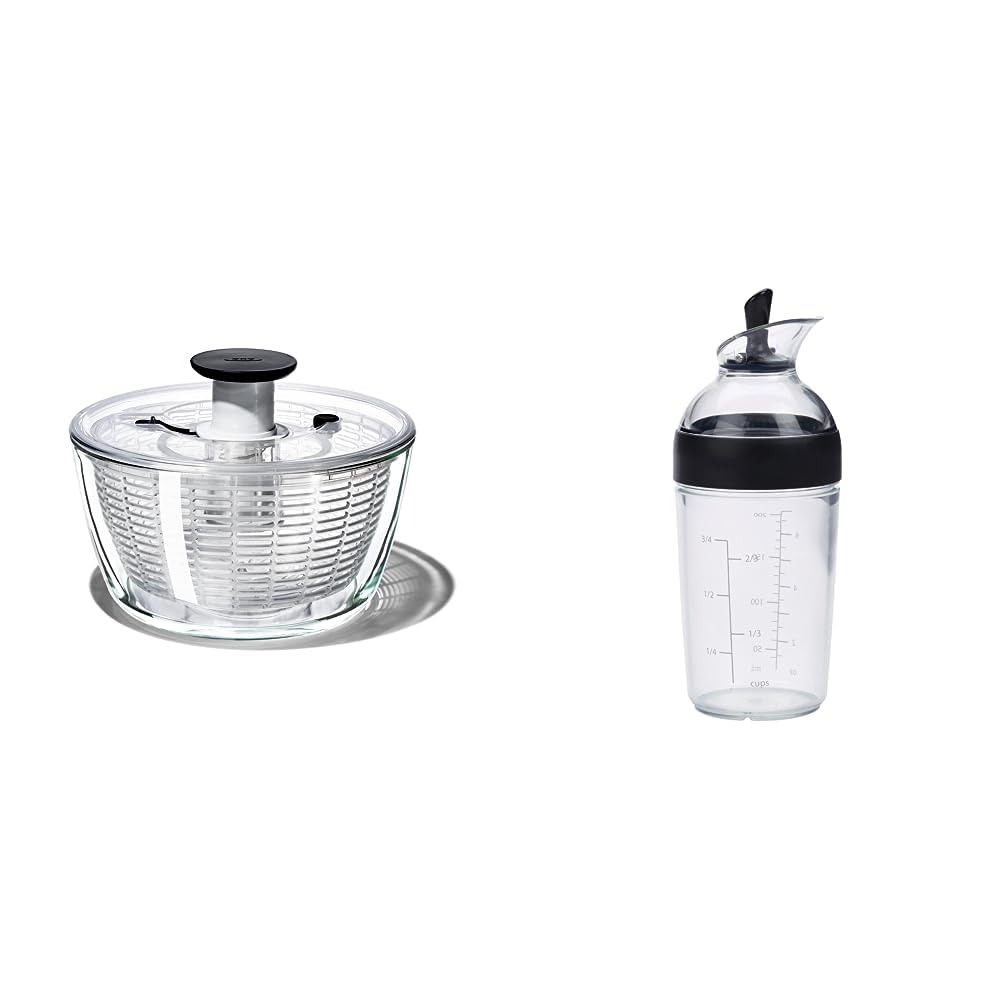 OXO Good Grips Glass Salad Spinner, Large/6.22 Quart, Clear & Good Grips Little Salad Dressing Shaker - Black