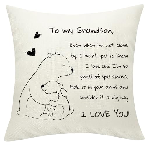 Grandson Gift Throw Pillow Cover - I Love You Bear Design 18x18