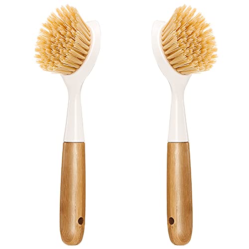 2 Pack Bamboo Handle Dish Brush with Scraper - White