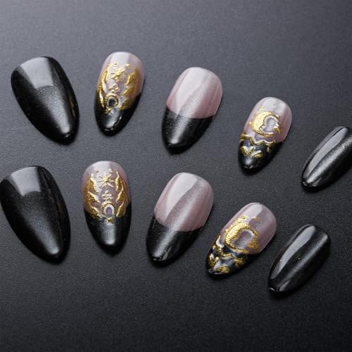 Black French Tip Press on Nails Short Almond False Nails with Gold Glitter