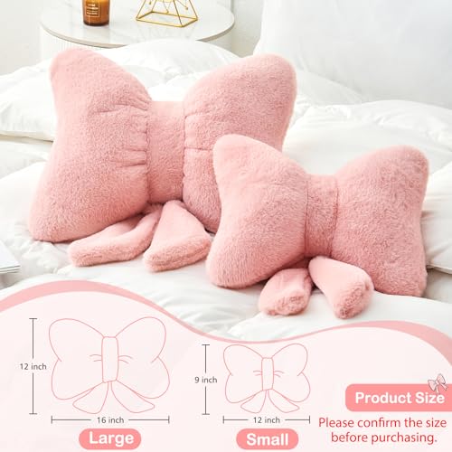 Soft Pink Bow Pillow - 12'' Decorative Throw Pillow with Faux Rabbit Fur