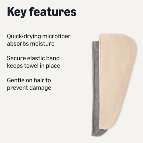 Amazon Basics Microfiber Hair Towel Wrap 2-Pack - Quick Dry, Grey/Beige, Elastic Closure