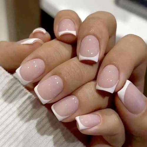 Short Square French Tip Press On Nails - Glossy Pink 24Pcs Set