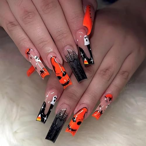 BABALAL Long Square Press on Nails Halloween Black Orange French Tip Goth