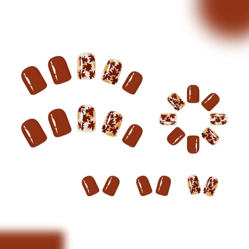 Fall Press on Nails Short Square Maple Leaf Acrylic False Nails 24PCS