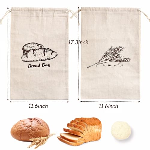 2-Pack Linen Bread Bags with Clips - 17.3x11.6 Inches, Reusable Storage for Artisan Bread
