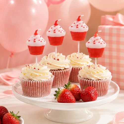 Red White Cupcake Birthday Candles - 4 Pack Fun Cake Decor