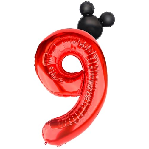 40 Inch Red Number 9 Balloon with Mini Mouse Head for Birthday Decor