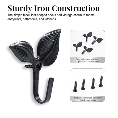4-Pack Black Iron Leaf Wall Hooks - Heavy Duty Towel Hooks, 2.94 Inches