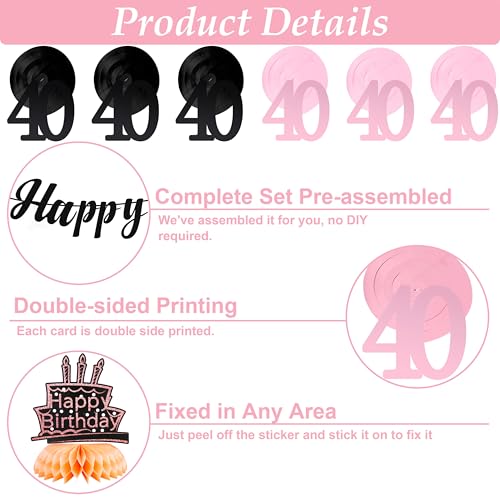 Rose Gold 40th Birthday Decorations Set for Women - Banner & Centerpieces
