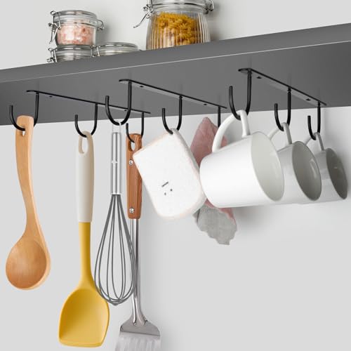 DEPAOTLUX 3pcs Under Cabinet Mug Hooks, Adhesive or Screw-In Cup Holder - Black