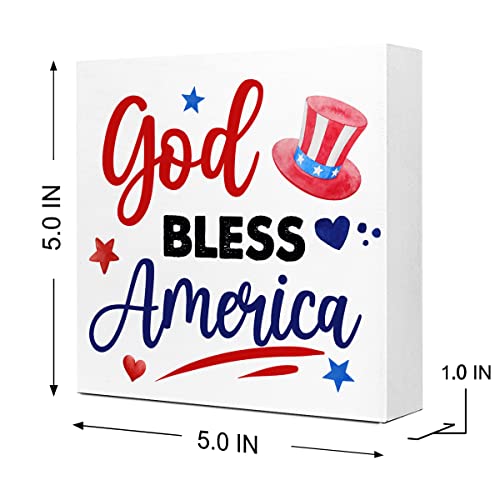 God Bless America Patriotic Wooden Block Sign 4th of July Desk Decor