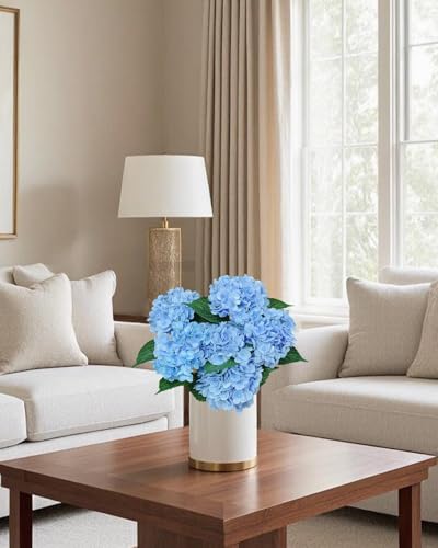 Blue Hydrangea Artificial Flowers Bouquets - 6pcs Silk Faux Floral Stems for Home & Wedding Decor