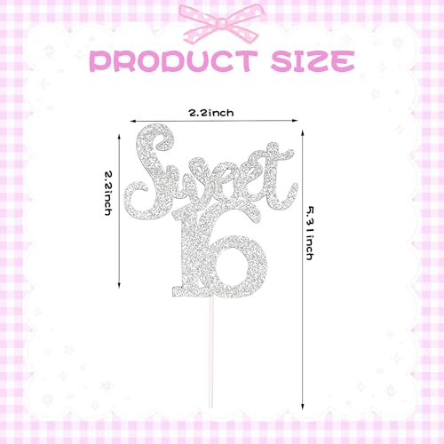 ZIRVELANO 12 Pcs Silver Glitter Sweet 16 Cupcake Toppers Number 16 Cake Decor