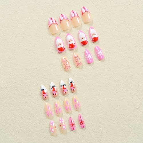 SWEKKE Christmas Press on Nails Short Almond Winter Fake Nails Glossy