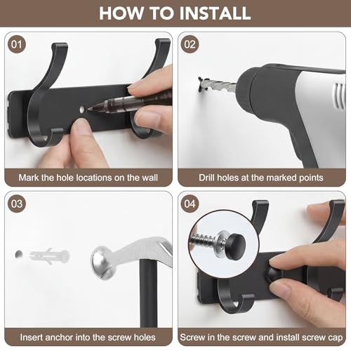 Dntorx Black Wall Mount Coat Rack 2 Pack with 5 Double Hooks - Easy Install