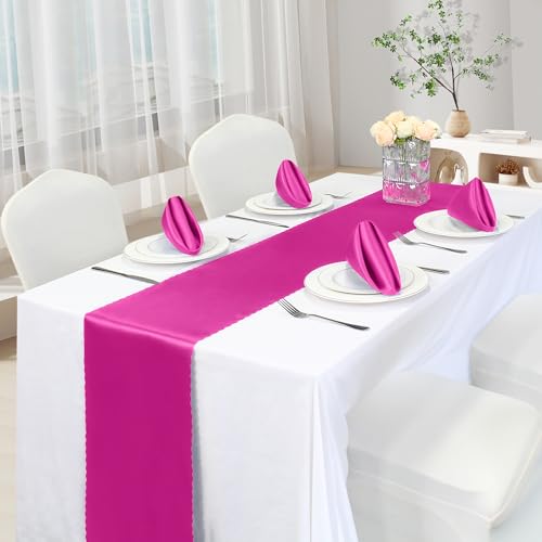 VACVELT Hot Pink Satin Table Runner 12x72 Inch 2 Pack Scalloped Edge