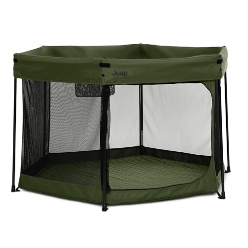 Jeep Hexagon Pop Up Play Yard with Removable Canopy | Ideal for Indoor and Outdoor Use, Olive Green