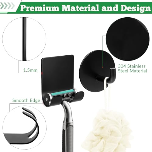 NEATABY Black 4-Pack Bathroom Adhesive Hooks - Stainless Steel Shower & Razor Holders, Removable & Drill-Free