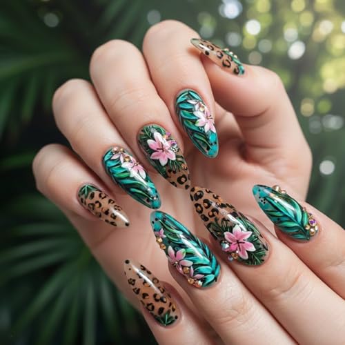 Green Tropical Floral Press on Nails Medium Almond Reusable Set