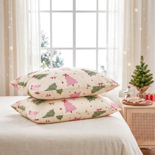 Pink Green Christmas Tree Queen Comforter Set with Pillowcases - Festive Bedding