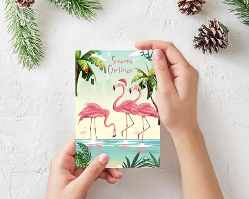 Festive Flamingo Christmas Cards - 12 Count with Envelopes, Tropical Holiday Greeting Cards