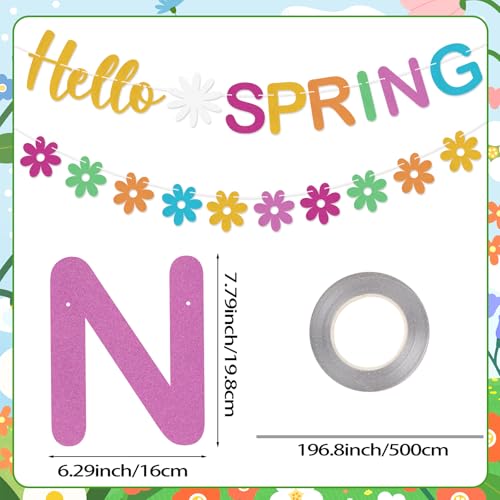 Hello Spring Glitter Banner with Daisy Flower Garland - Colorful Party Decoration