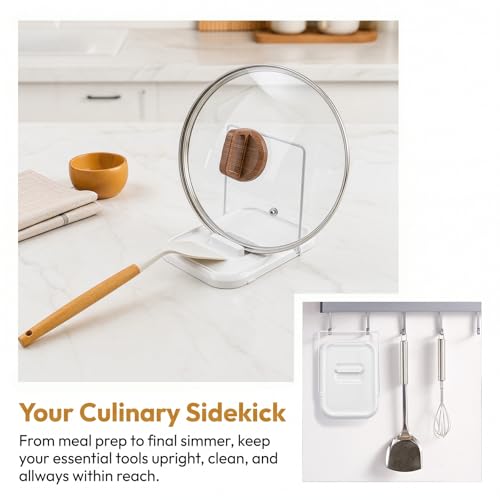 White 2-in-1 Foldable Pot Lid Holder with Spoon Rest for Kitchen Counter