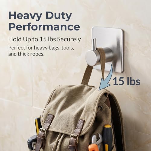 Fotosnow Adhesive Stainless Steel Wall Hooks - 15lb Heavy Duty Silver (4-Pack)