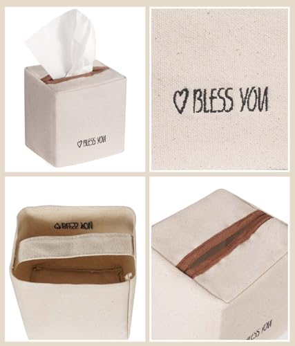 Chic Canvas Tissue Box Cover with Embroidery - Ivory