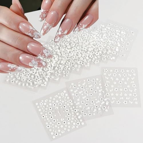 30 Sheets 3D White Flower Nail Art Stickers Self-Adhesive Floral Decals