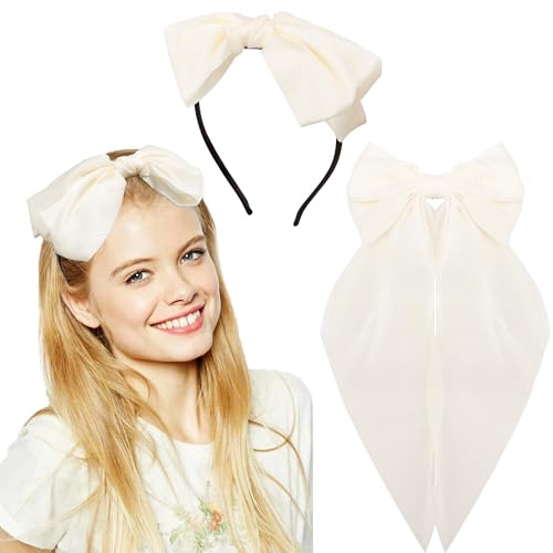 AHONEY 2 Pack White Satin Hair Bow Clips with Long Ribbons