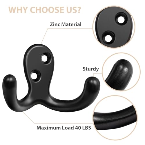 Homanu 10 Pack Black Double Prong Coat Hooks with Screws