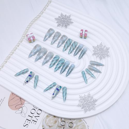 Christmas Press on Nails Long Almond False Nails with Rhinestones & Glitter