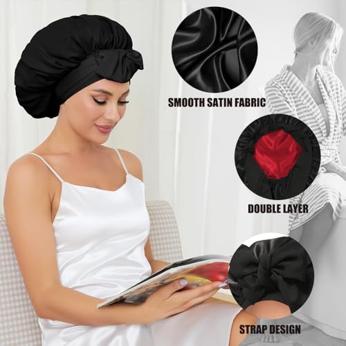 VOGTORY Double Layer Satin Sleep Bonnet with Tie Band for Curly Hair