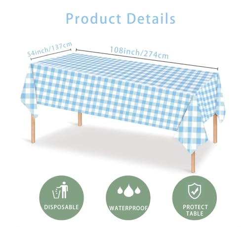Blue Checkered Tablecloth 54x108 Inch - Waterproof Disposable Cover