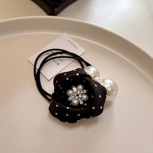 SICOPEE Polka Dot Flower Hair Tie with Pearls and Crystal Center