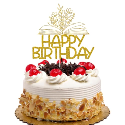 Gold Glitter Reading Happy Birthday Cake Topper for Book Lovers