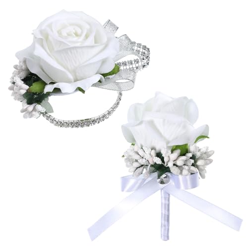 Lusofie White Rose Corsage & Boutonniere Set for Prom