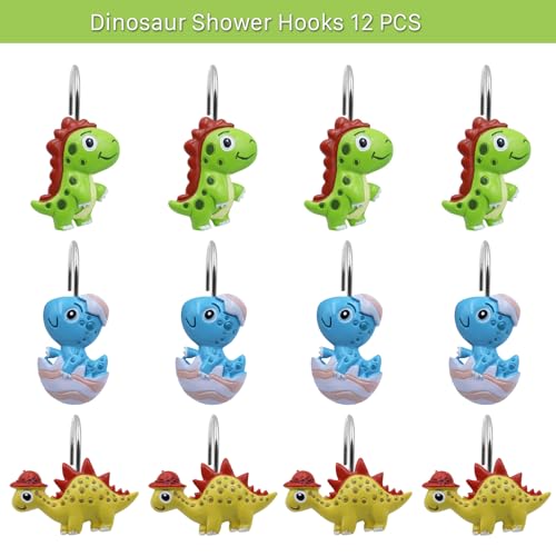 Dino Shower Curtain Hooks - Cute T-Rex Bathroom Decor (12 PCS)