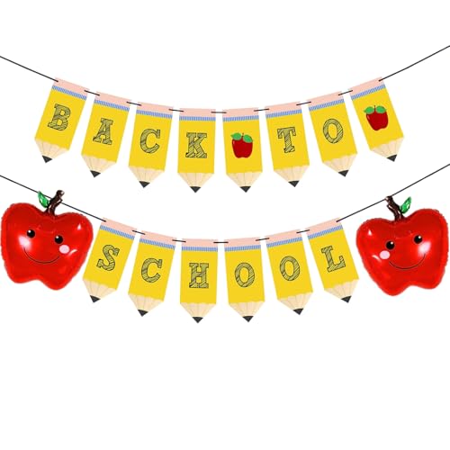 Back to School Pencil Banner with Apples Balloons Set