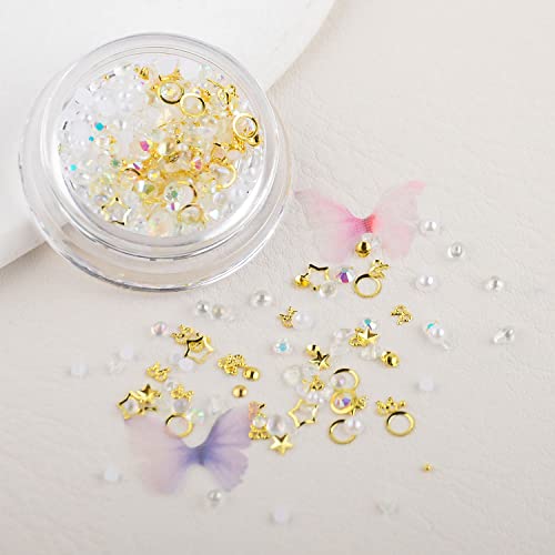 WEILUSI 4 Boxes Nail Art Rhinestones and Pearls Mix with Butterfly Charms