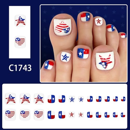 Patriotic Press on Toenails Short Square Red White Blue False Toe Nails