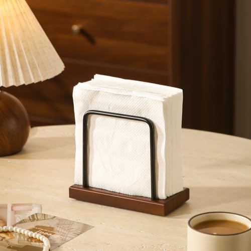 Modern Rectangular Napkin Holder with Wooden Base and Black Metal Frame