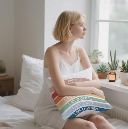 Rainbow Positive Affirmations Throw Pillow Cover, 18x18