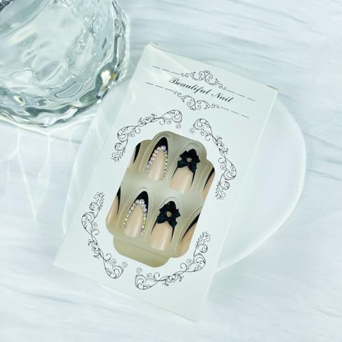 French Tip Black Almond Press On Nails with 3D Bow and Rhinestones