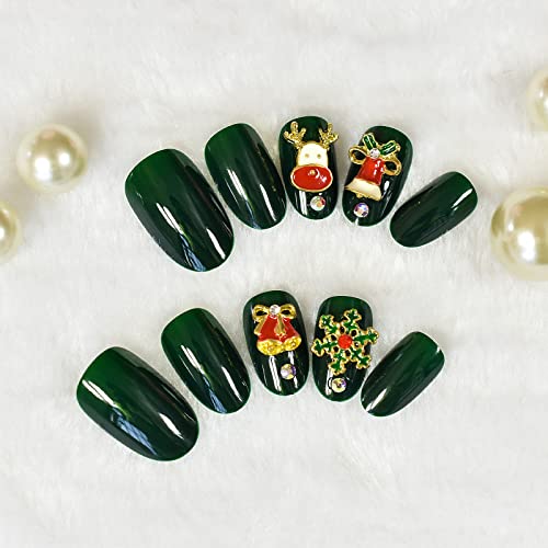 Christmas Deep Green Press on Nails 3D Rhinestone Oval Fake Nails