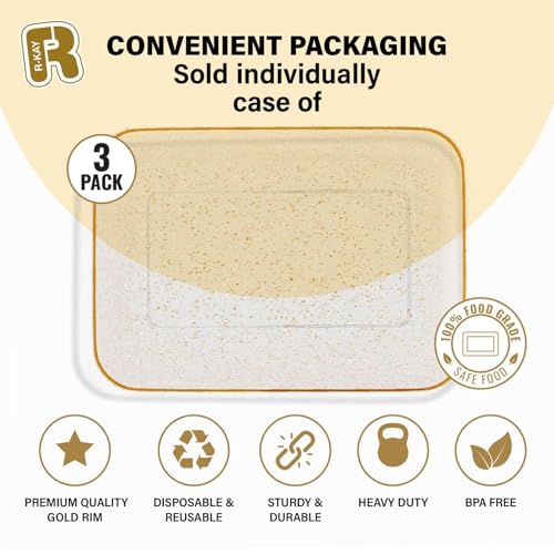 R-kay Gold Glitter Plastic Serving Trays 8x11 Inches, Pack of 3 – Heavy Duty Party Platters