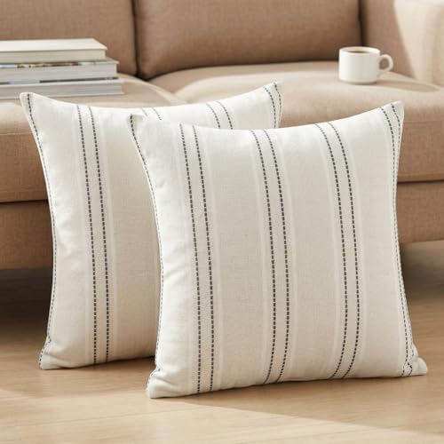 Set of 2 Grey Striped Throw Pillow Covers - 18x18 Inch Cotton & Linen for Home Decor