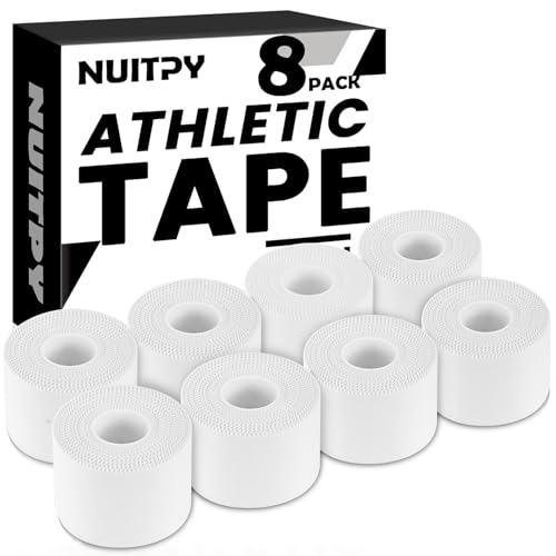 8 Pack Athletic Tape, White Sports Tape, Easy Tear Wrist Tape, Strong Adhesion Tapes for Boxing, Gymnastics, Hockey, Soccer, Lacrosse and First Aid(1.5in x 184ft Total)